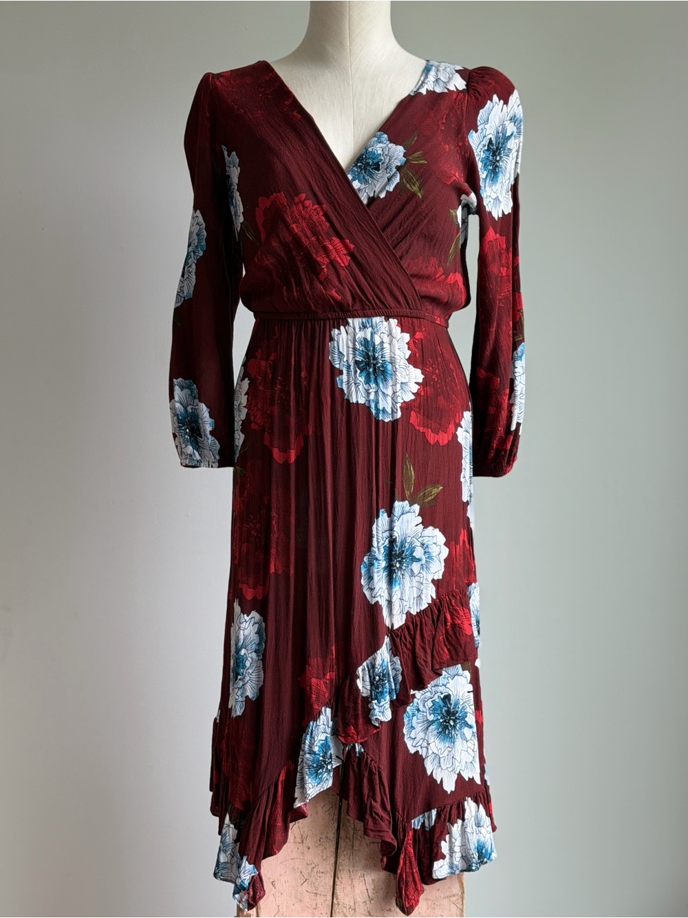 Tracy Reese Burgundy Floral Wrap Midi Dress with Blue and White Blooms